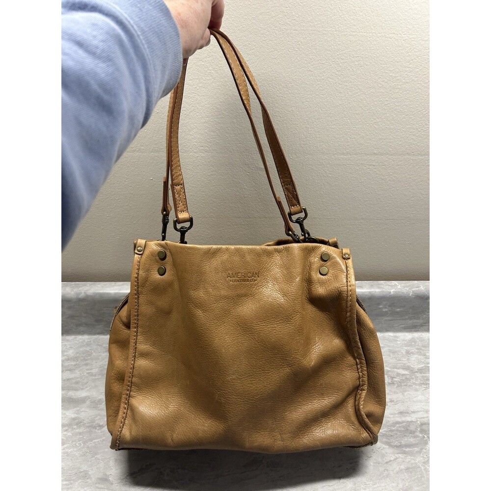 American Leather Co Lenox Triple Entry Satchel Shoulder Bag Purse Cafe Latte